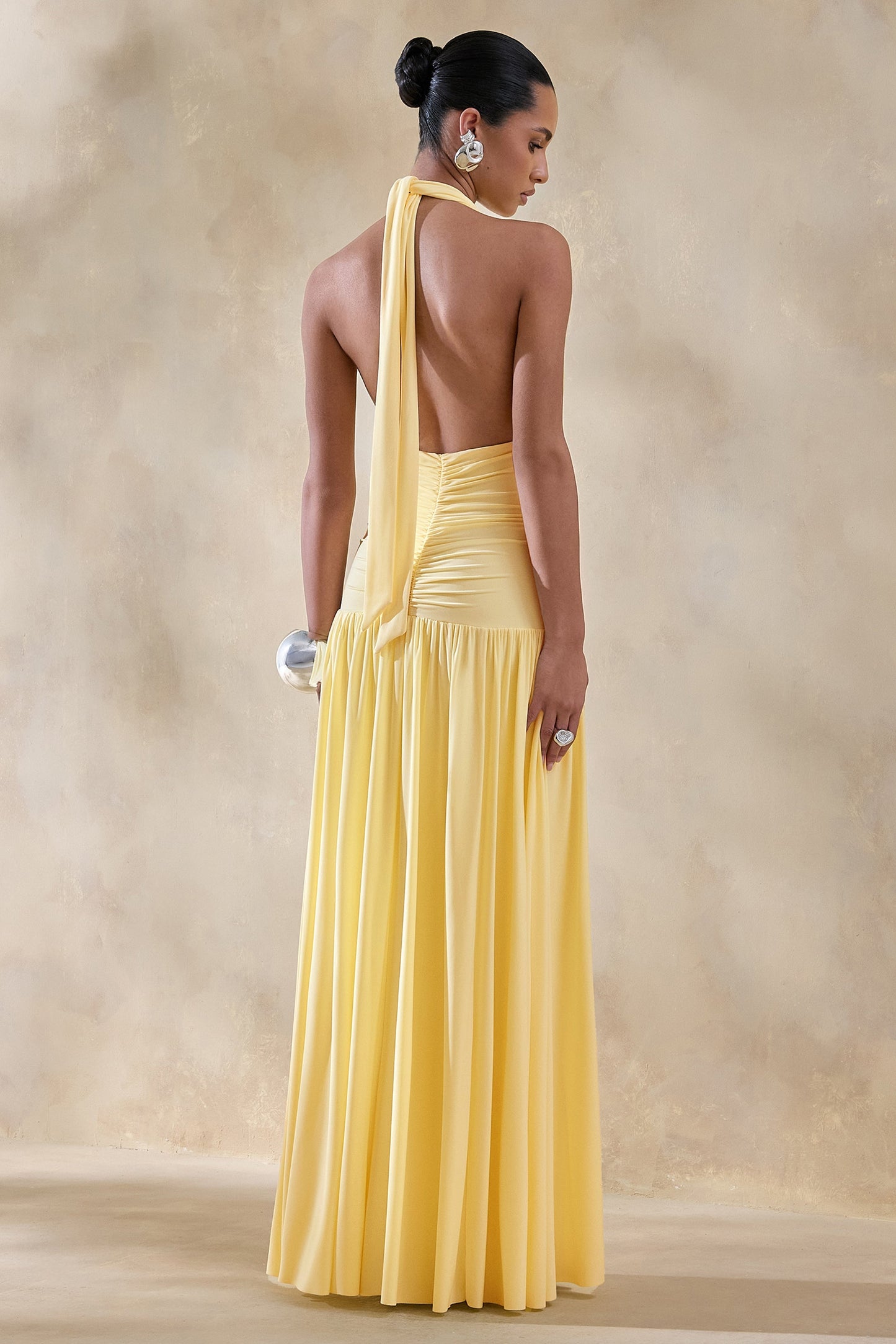 Bettina | Lemon Plunge-Neck Maxi Dress With Gathered-Detailing