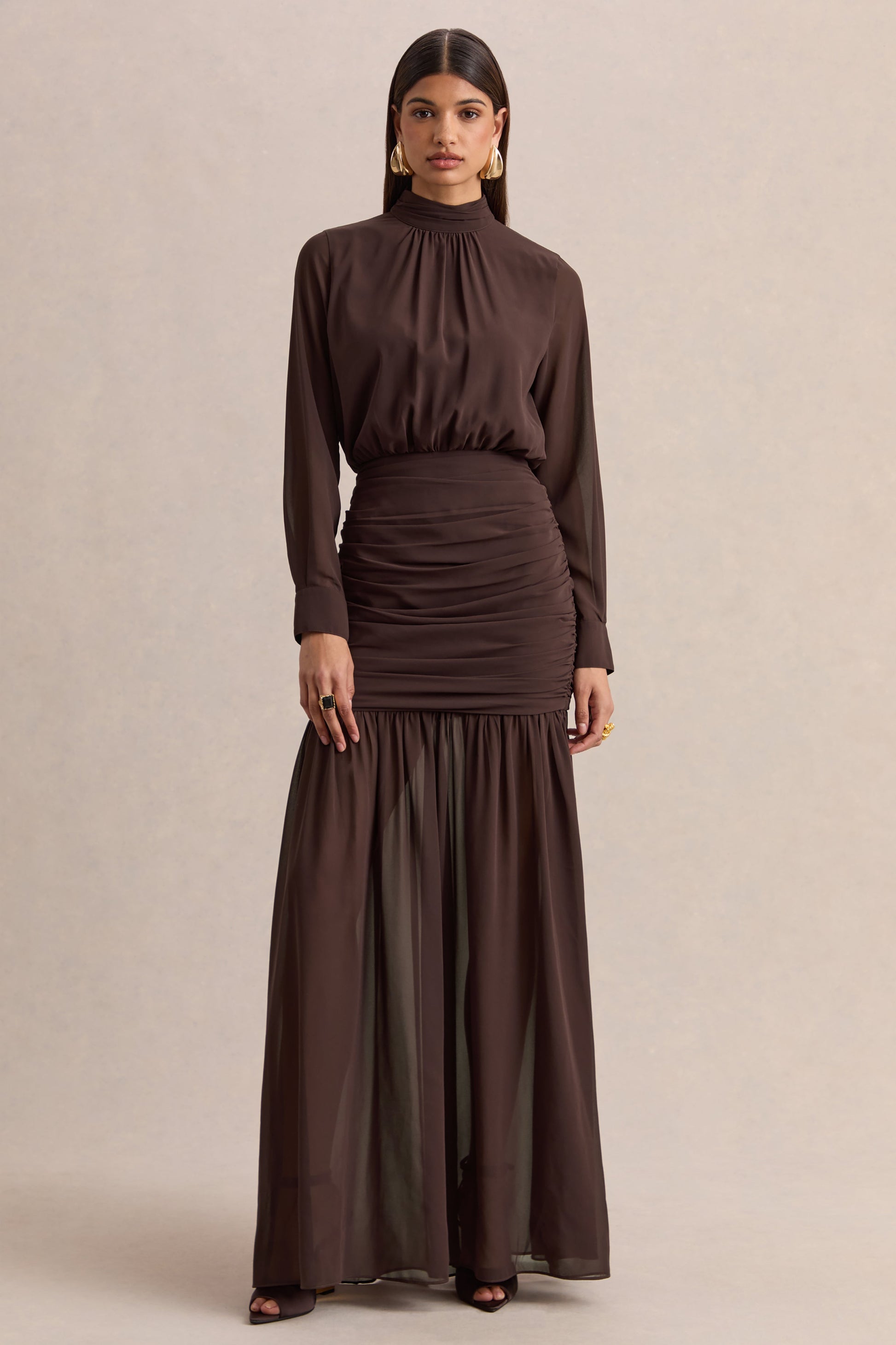 Zella | Brown High-Neck Maxi Dress With Sheer-Skirt