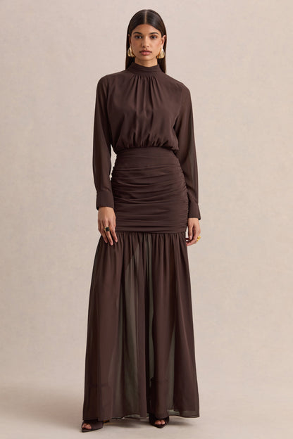 Zella | Brown High-Neck Maxi Dress With Sheer-Skirt