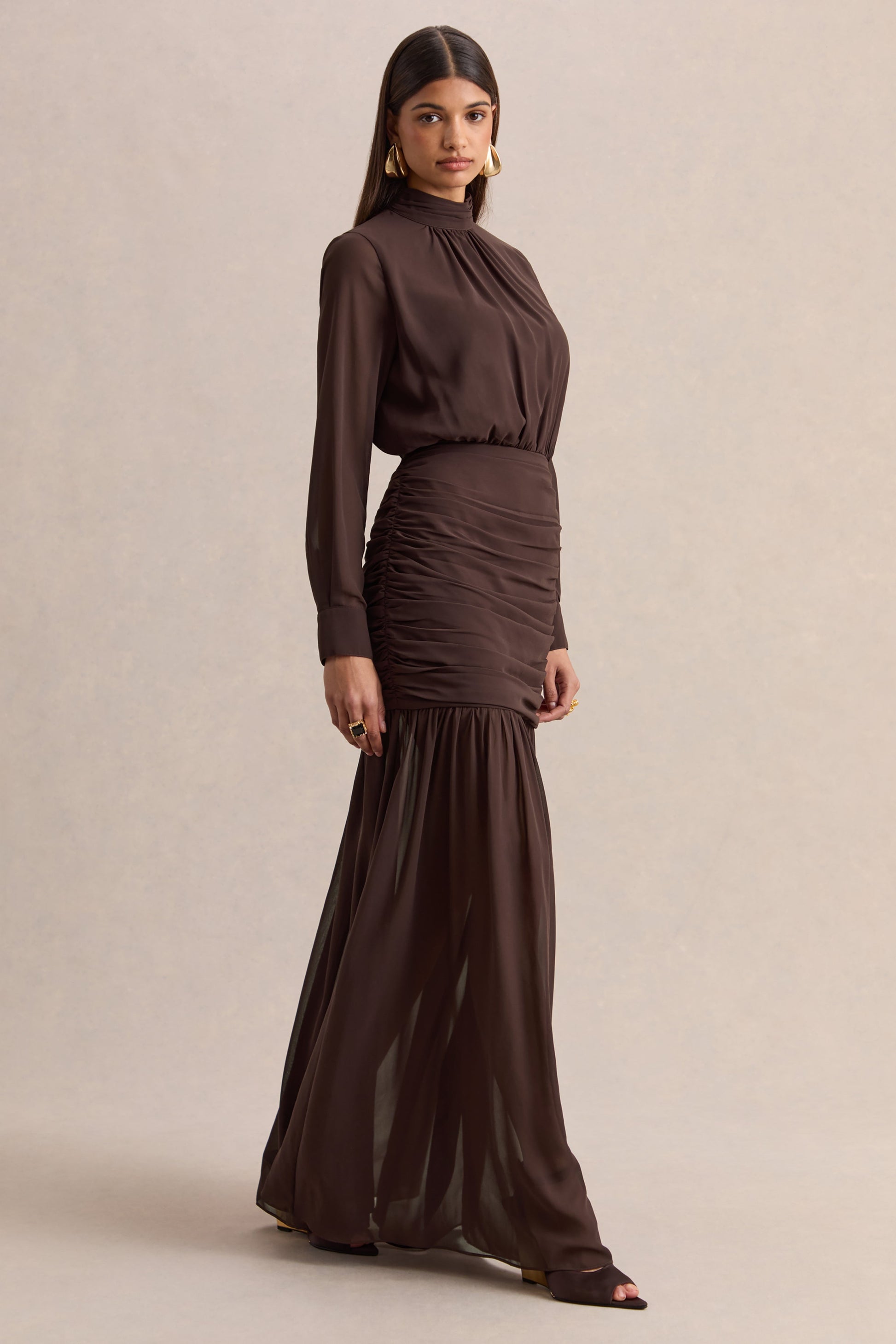 Zella | Brown High-Neck Maxi Dress With Sheer-Skirt