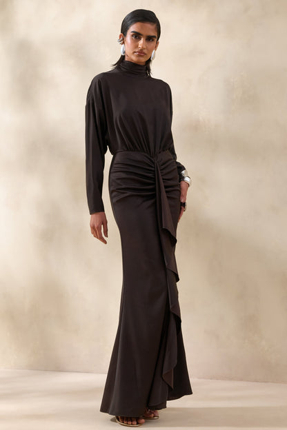 Perla | Dark Brown High-Neck Maxi Dress With Gathered-Detailing