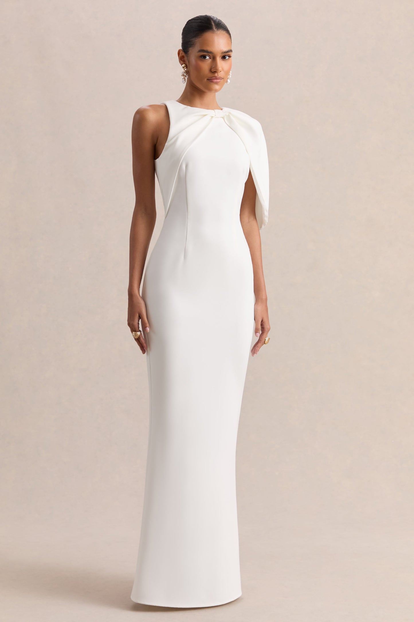 Quira | White Asymmetric-Neck Maxi Dress With Cape-Sleeve
