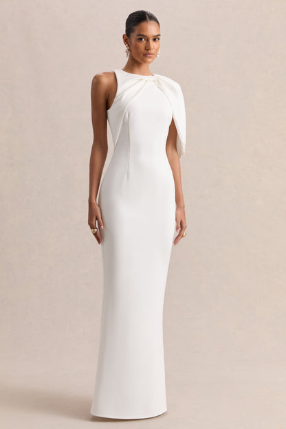 Quira | White Asymmetric-Neck Maxi Dress With Cape-Sleeve