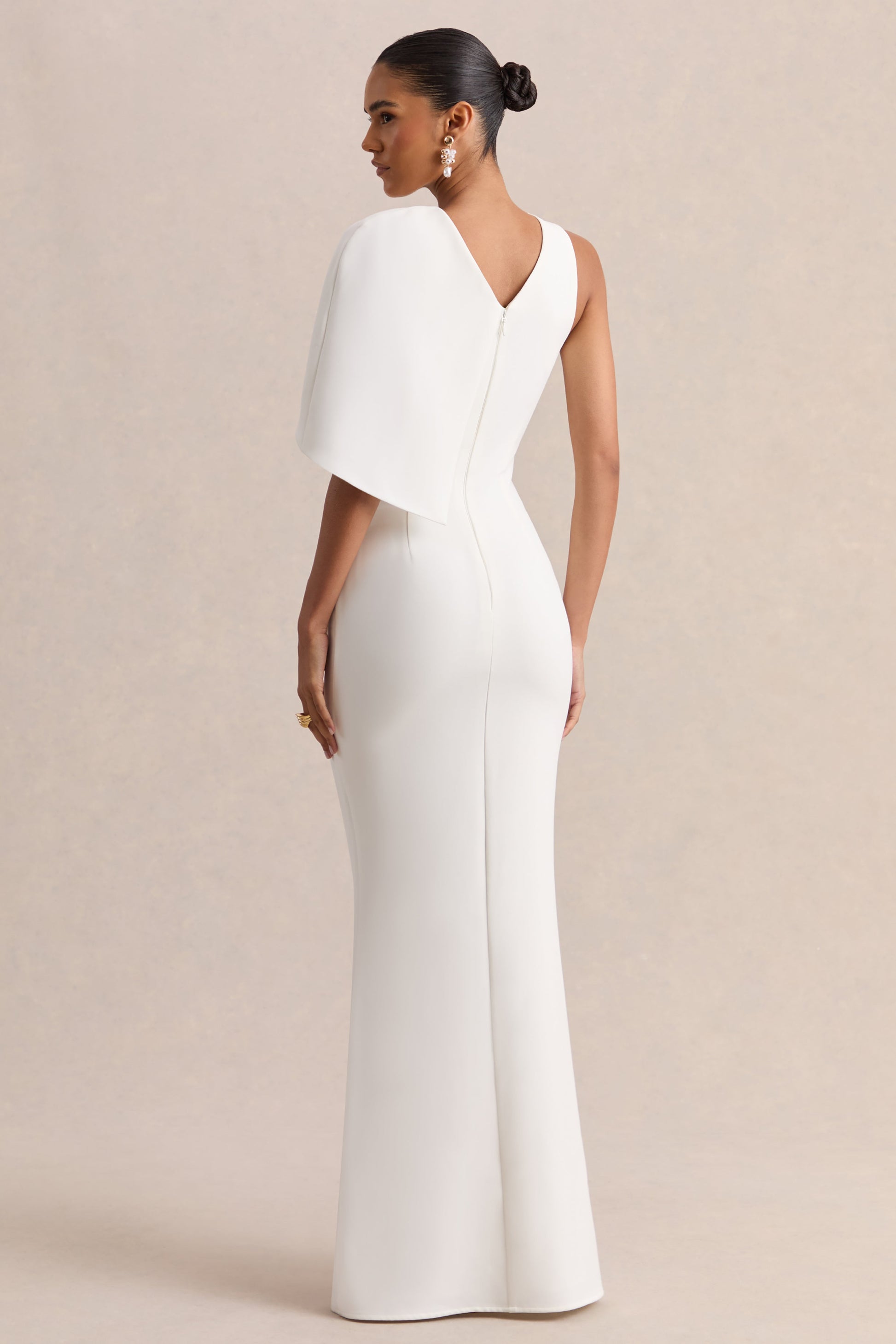 Quira | White Asymmetric-Neck Maxi Dress With Cape-Sleeve