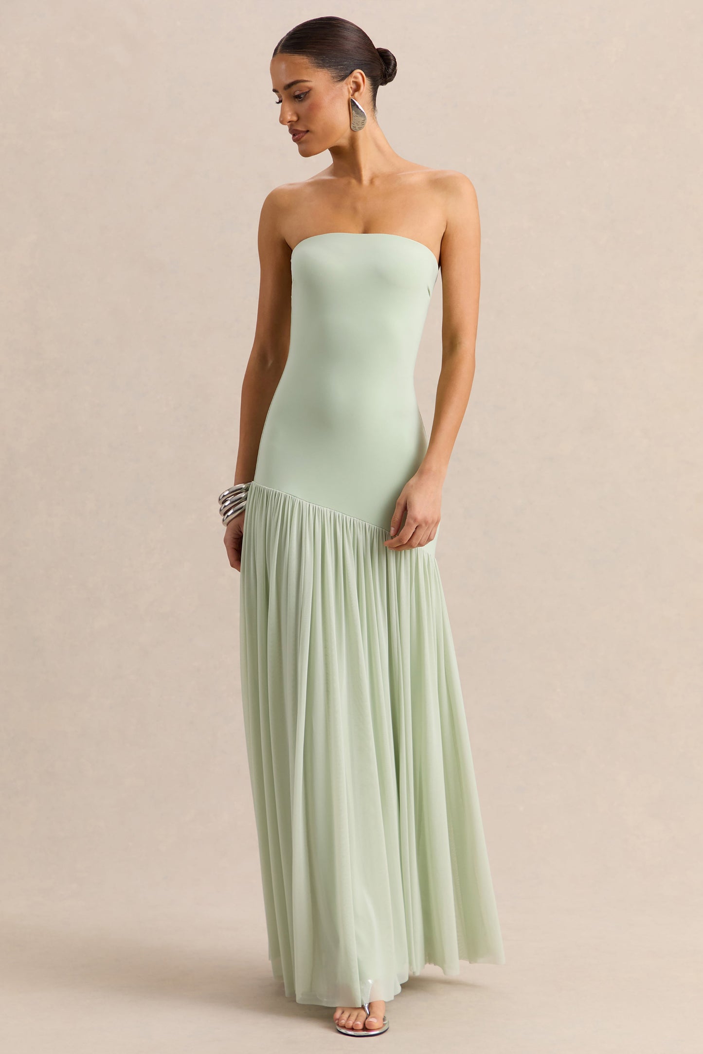 Bambi | Mint Bandeau Maxi Dress With Scarf-Detail