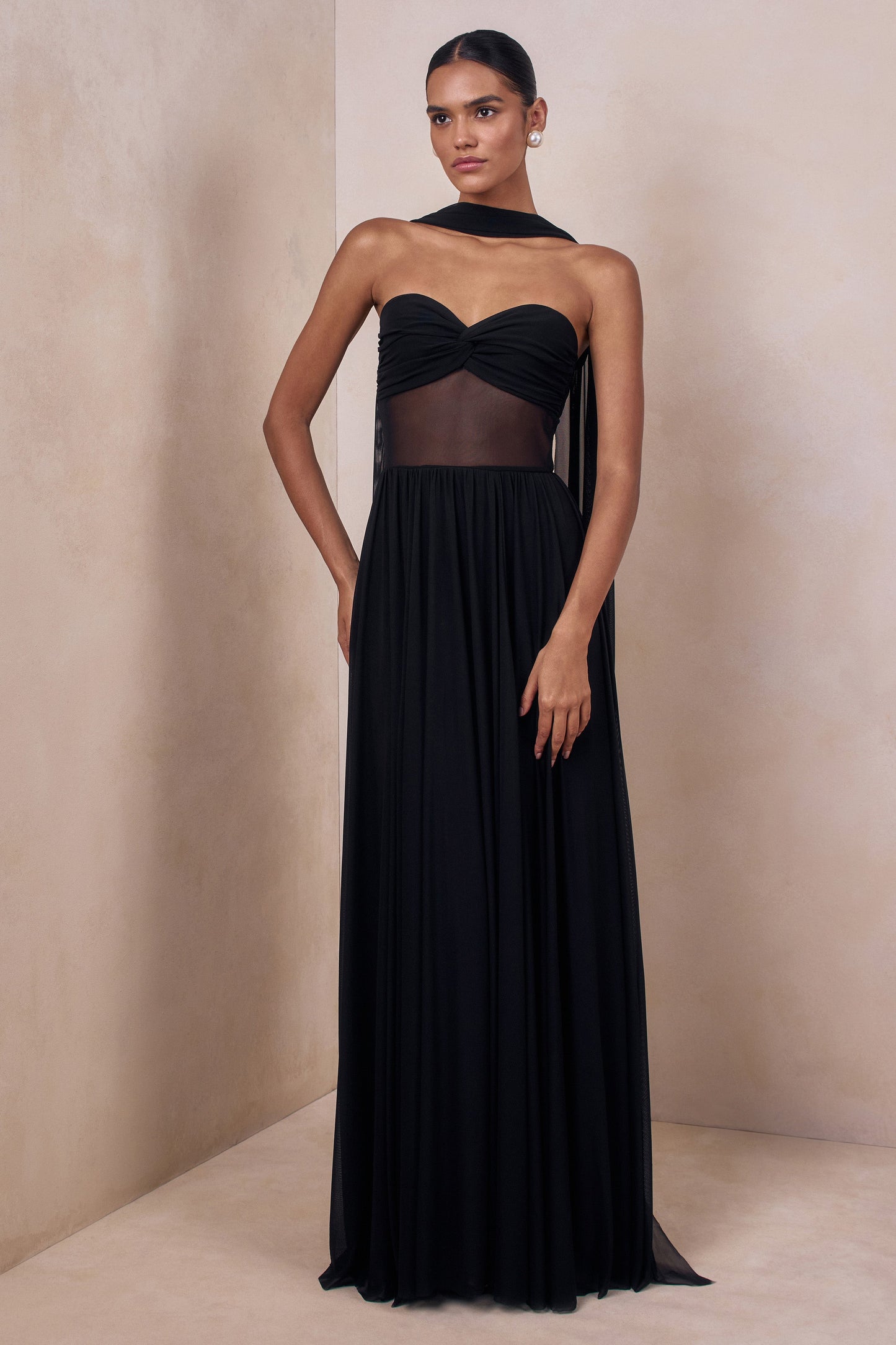 Lyvoria | Black Bandeau Maxi Dress With Mesh-Detail And Scarf