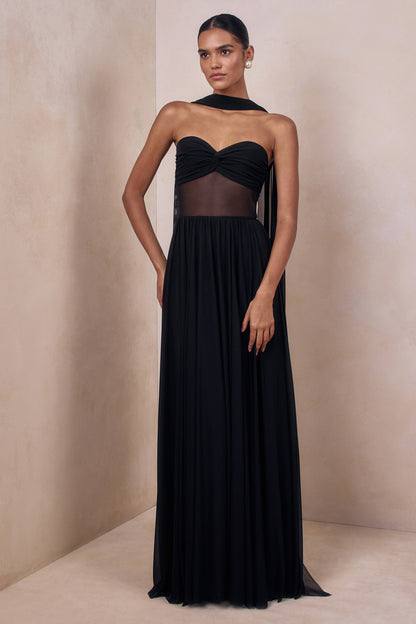 Lyvoria | Black Bandeau Maxi Dress With Mesh-Detail And Scarf
