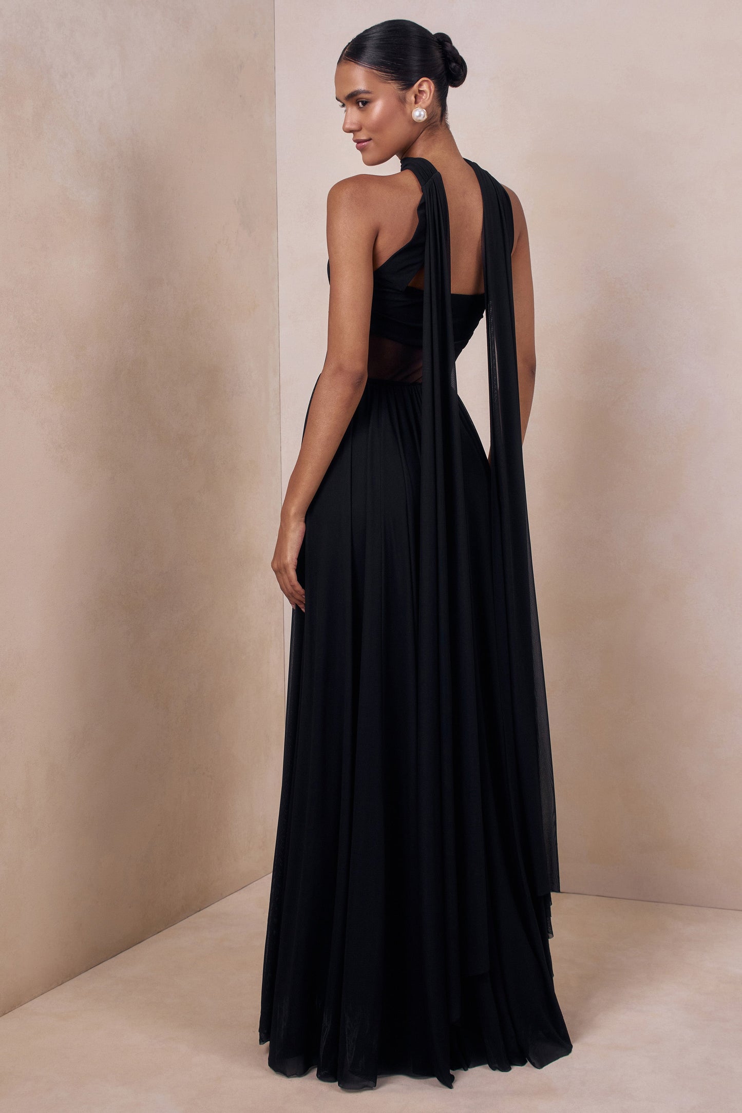 Lyvoria | Black Bandeau Maxi Dress With Mesh-Detail And Scarf