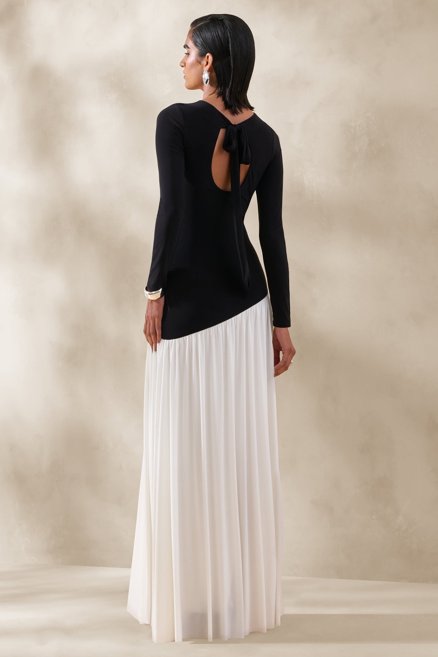 Jasira | Black & White Slashed-Neck Maxi Dress With Asymmetric Drop-Waist