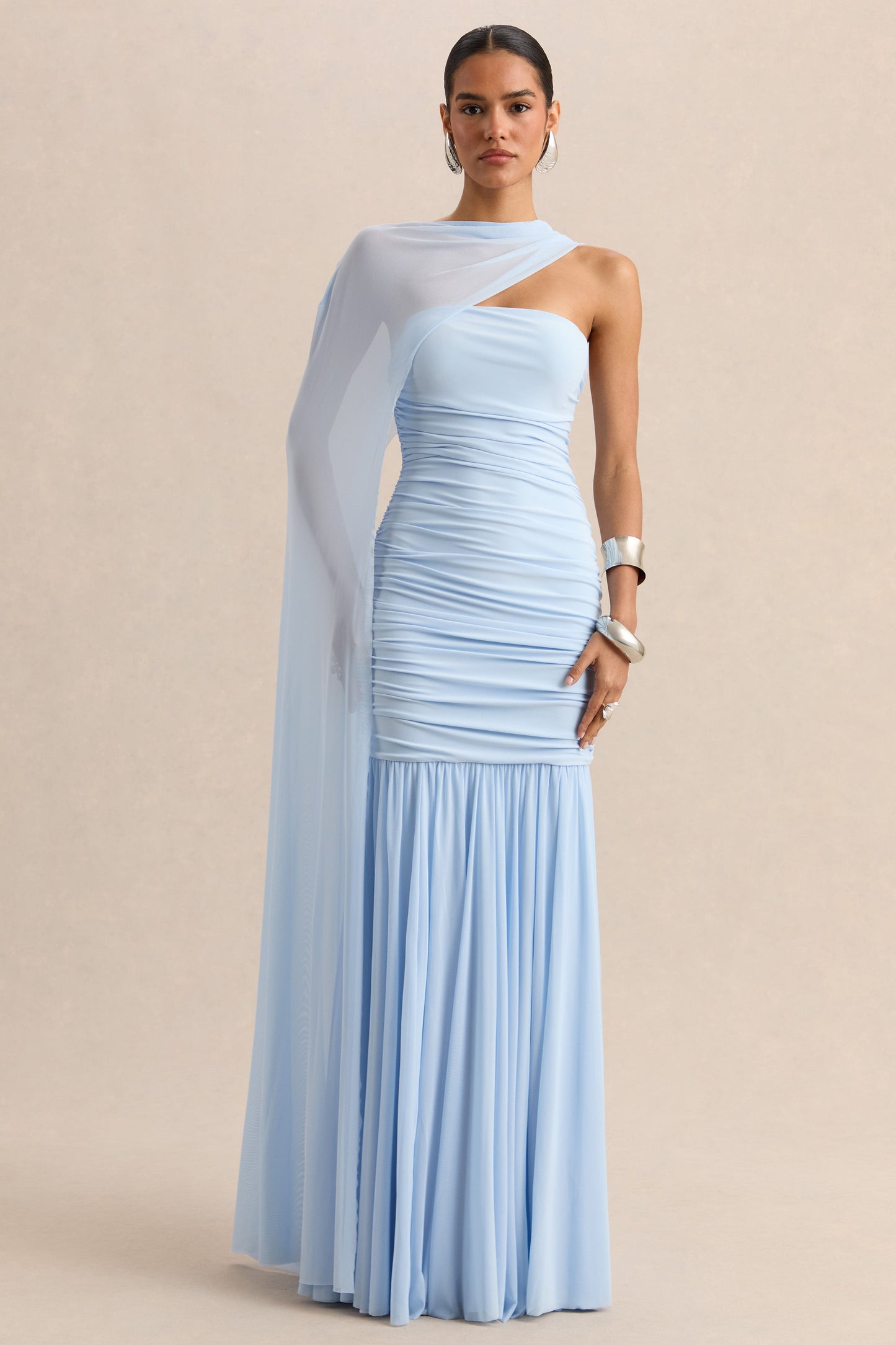 Ivanka | Powder Blue Asymmetric-Neck Maxi Dress With Cape Sleeve