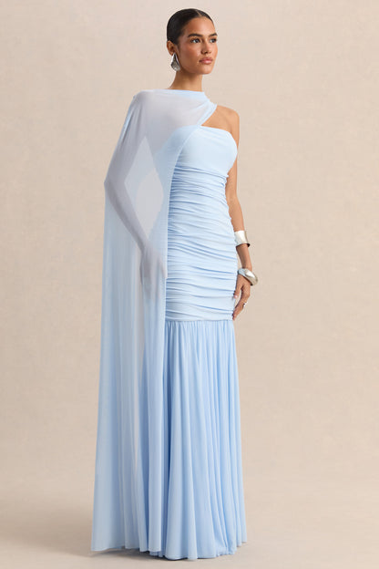 Ivanka | Powder Blue Asymmetric-Neck Maxi Dress With Cape Sleeve