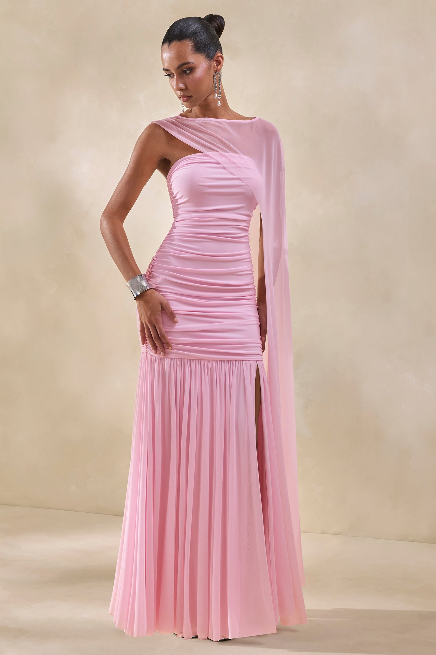 Ivanka | Pink Asymmetric-Neck Maxi Dress With Cape Sleeve