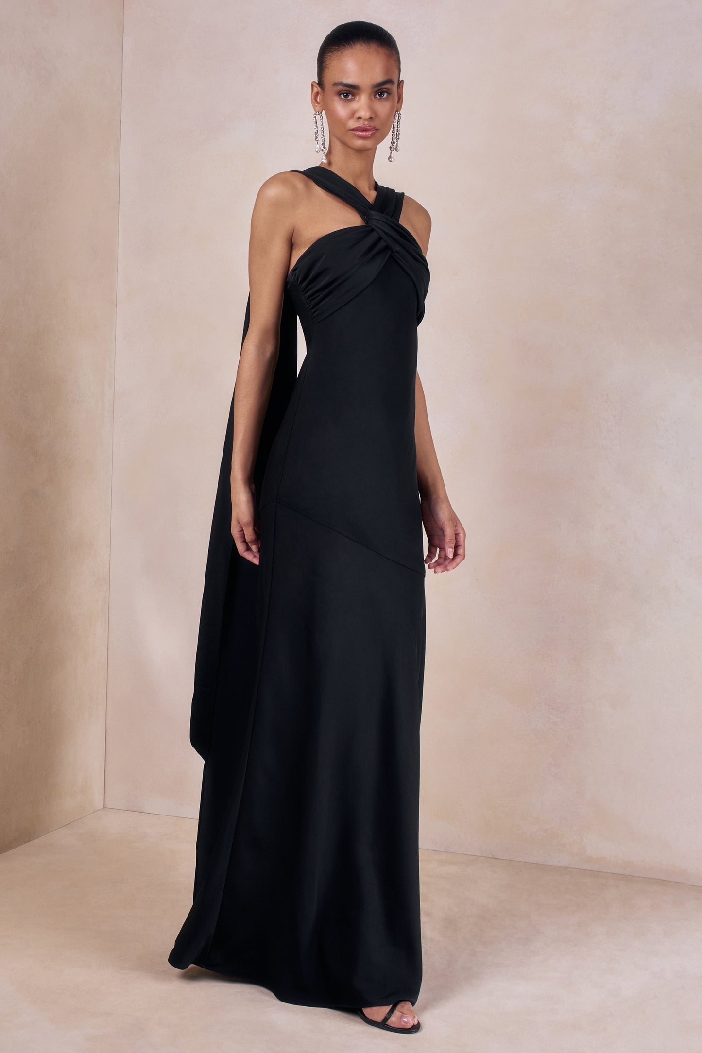 Sloane | Black Matte Satin Halter-Neck Maxi Dress With Cape