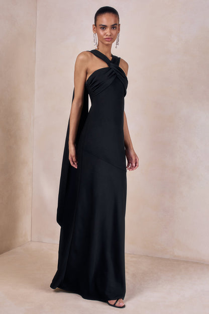 Sloane | Black Matte Satin Halter-Neck Maxi Dress With Cape