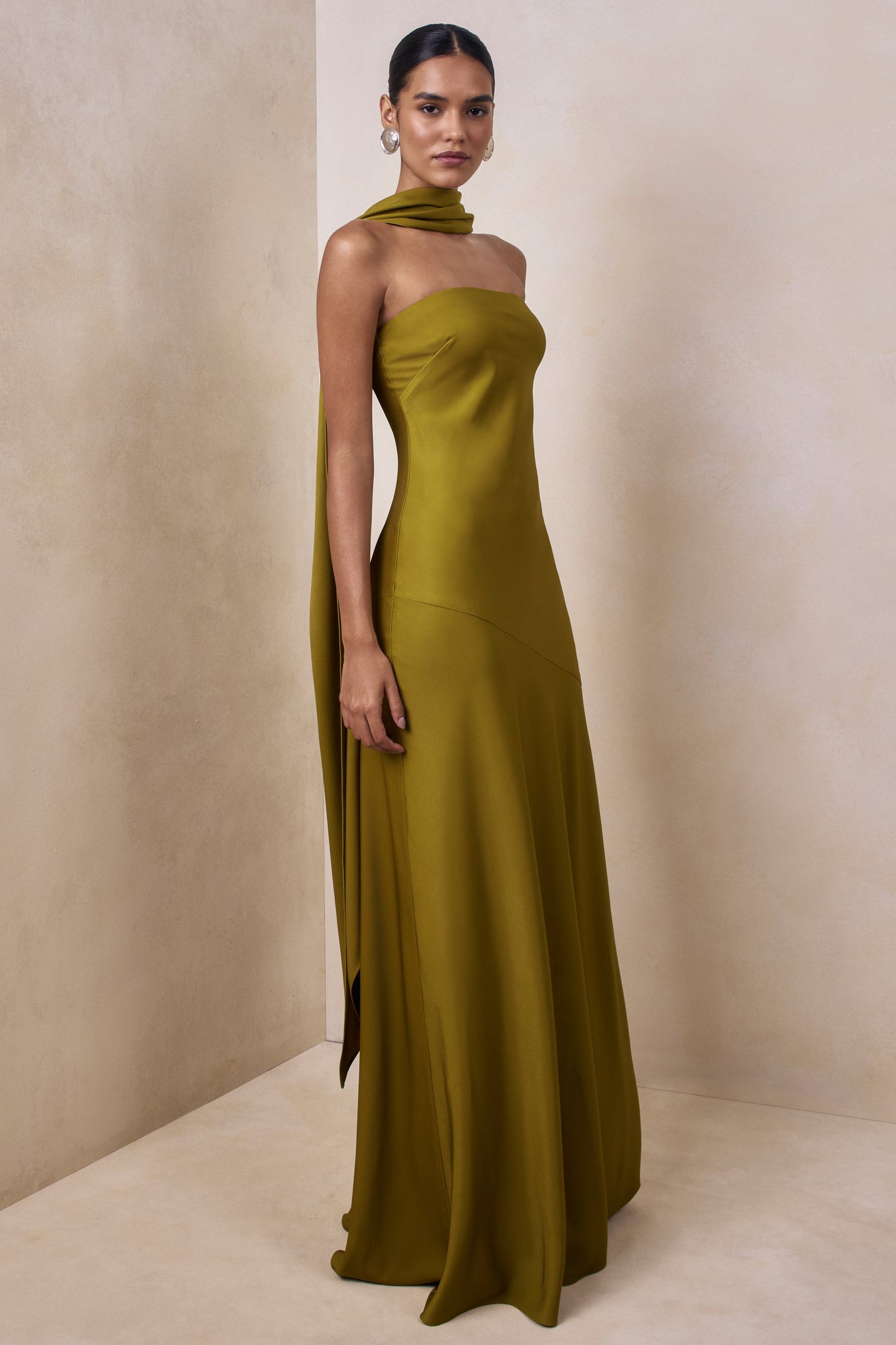 Charly | Olive Matte Satin Bandeau Maxi Dress With Scarf-Detail