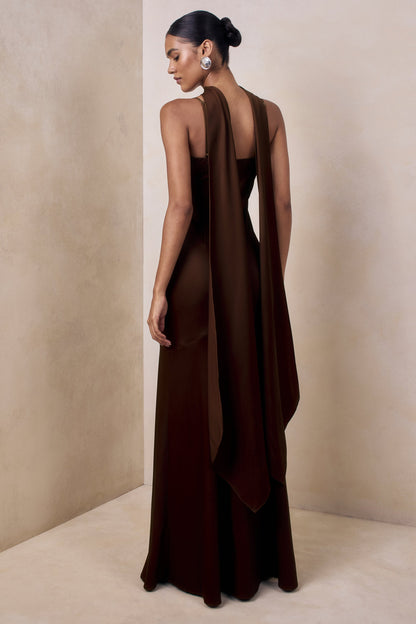 Starling | Brown Matte Satin Plunge-Neck Maxi Dress With Scarf-Detail