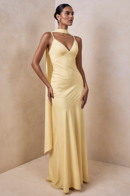 Starling | Lemon Matte Satin Plunge-Neck Maxi Dress With Scarf-Detail
