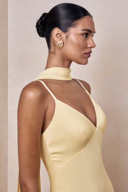 Starling | Lemon Matte Satin Plunge-Neck Maxi Dress With Scarf-Detail