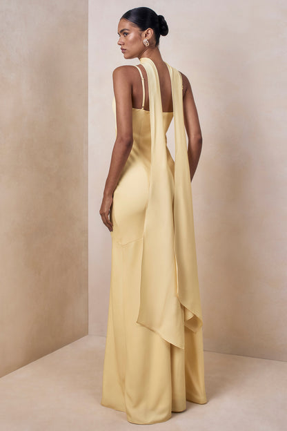 Starling | Lemon Matte Satin Plunge-Neck Maxi Dress With Scarf-Detail