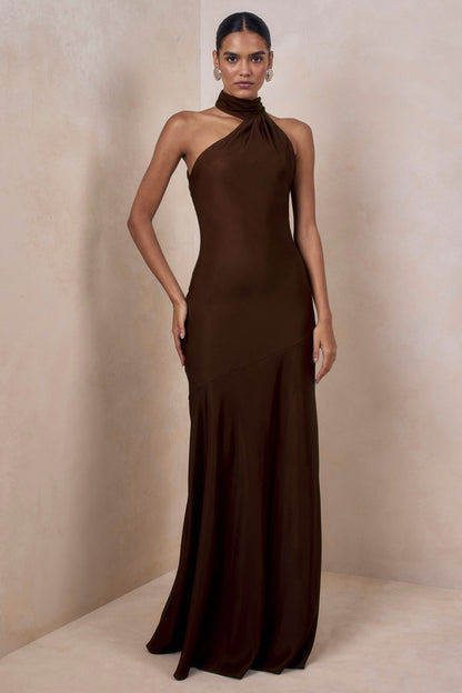 Cara | Brown Matte Satin High-Neck Maxi Dress