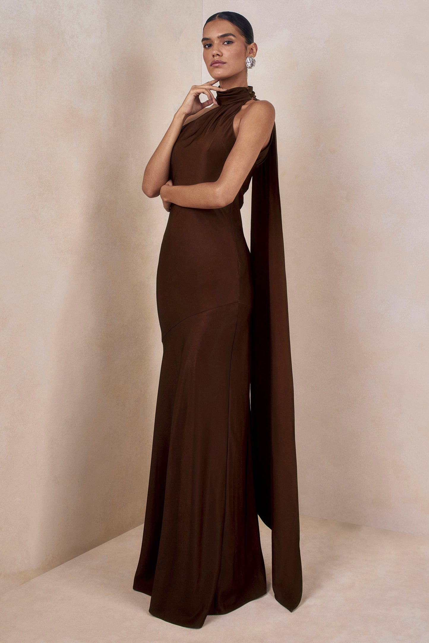Cara | Brown Matte Satin High-Neck Maxi Dress
