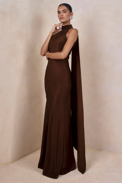 Cara | Brown Matte Satin High-Neck Maxi Dress
