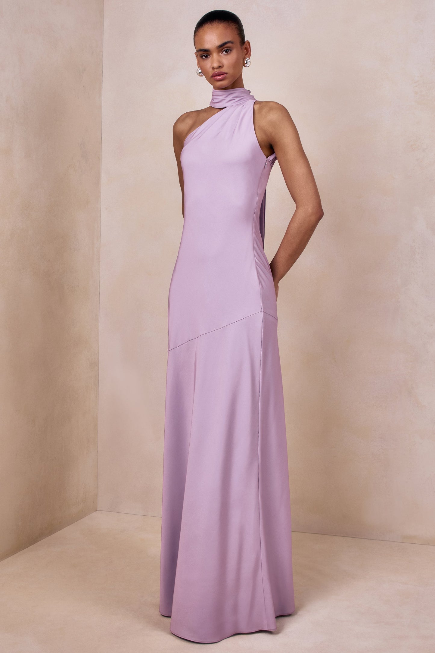 Cara | Lilac Matte Satin High-Neck Maxi Dress