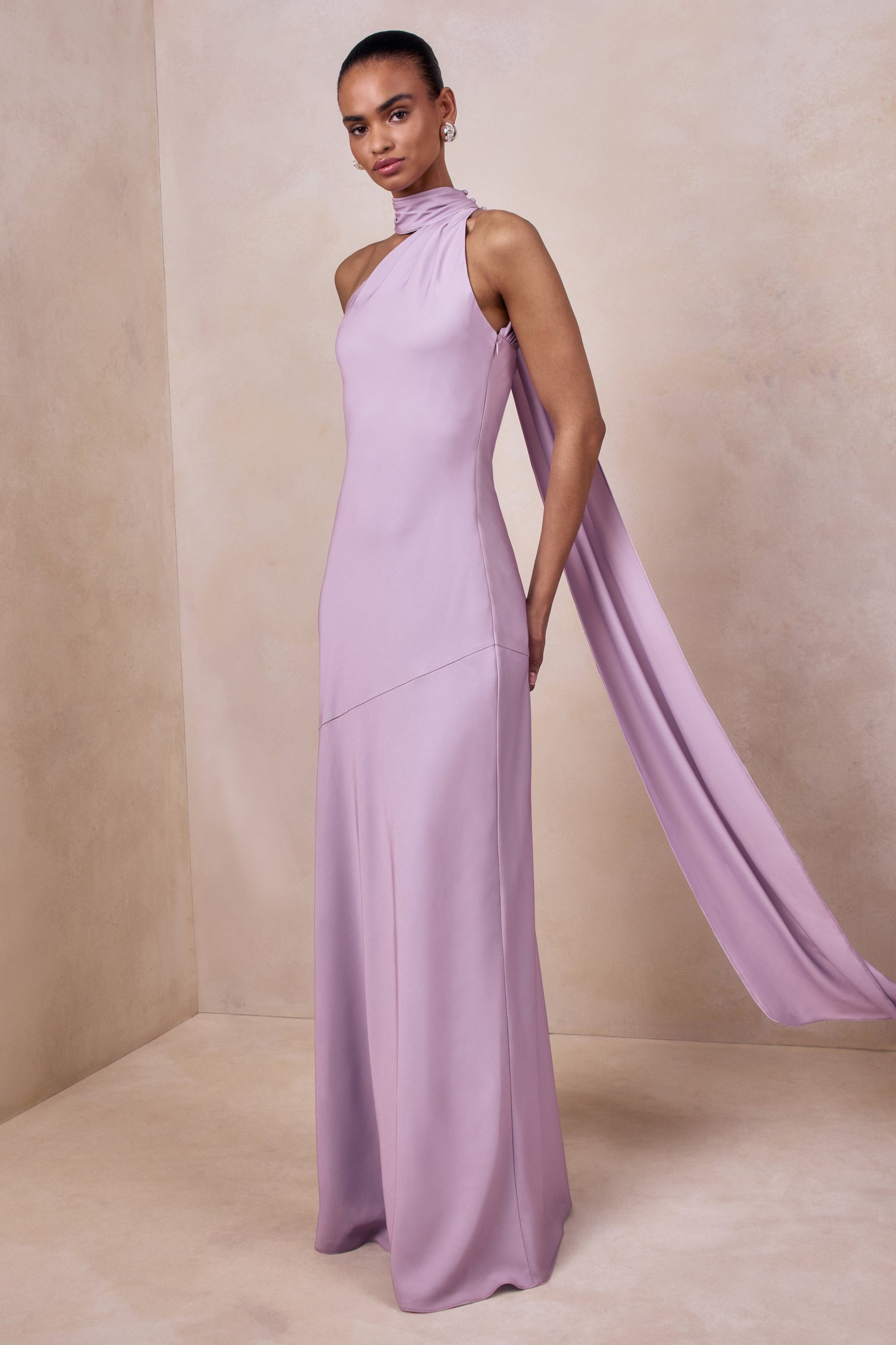 Cara | Lilac Matte Satin High-Neck Maxi Dress