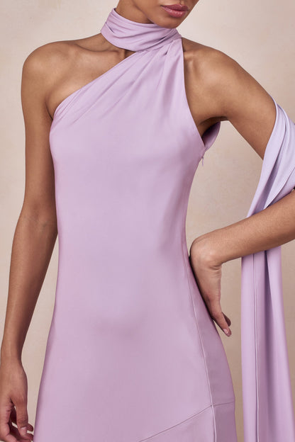 Cara | Lilac Matte Satin High-Neck Maxi Dress