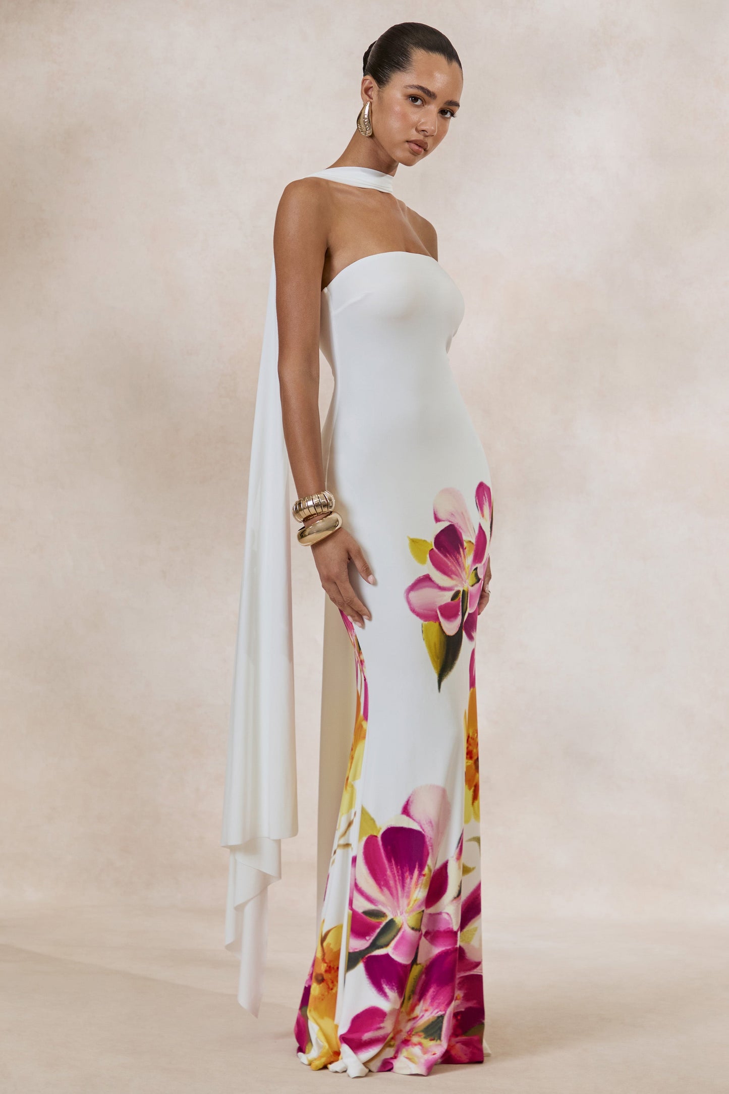 Brooke | Hot Pink And Lemon Floral Print Bandeau Neck Maxi Dress With Scarf