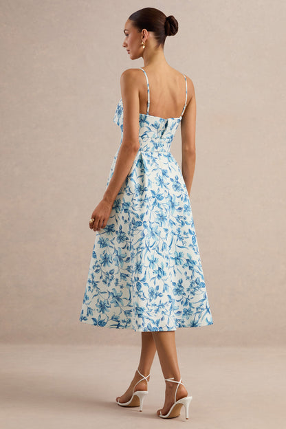 Devina | Blue Porcelain Print Square-Neck Belted Midi-Dress