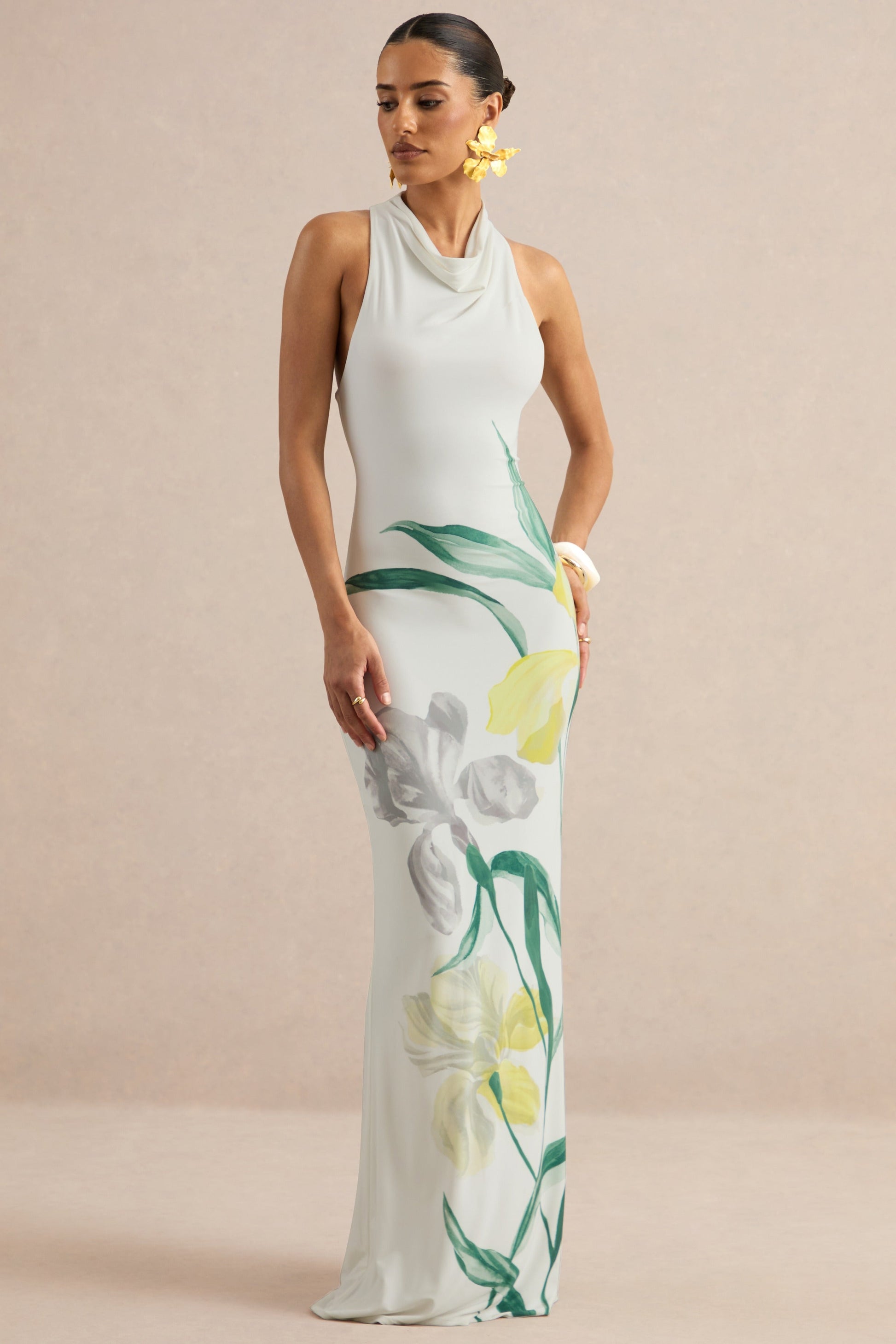 Wilber | Lemon Floral Print High-Neck Maxi Dress