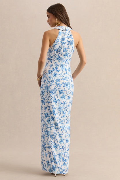 Quinn | Blue Porcelain Print Plunge-Neck Tailored Maxi Dress