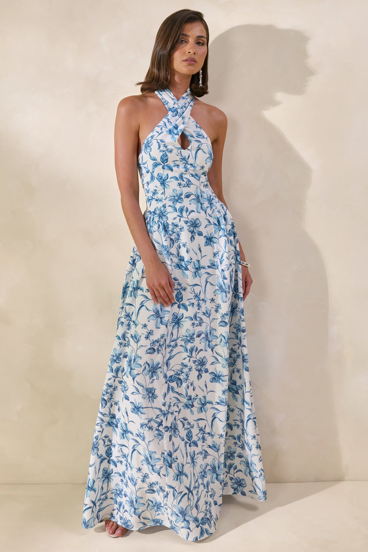 Liana | Blue Porcelain Print Halter-Neck Maxi Dress