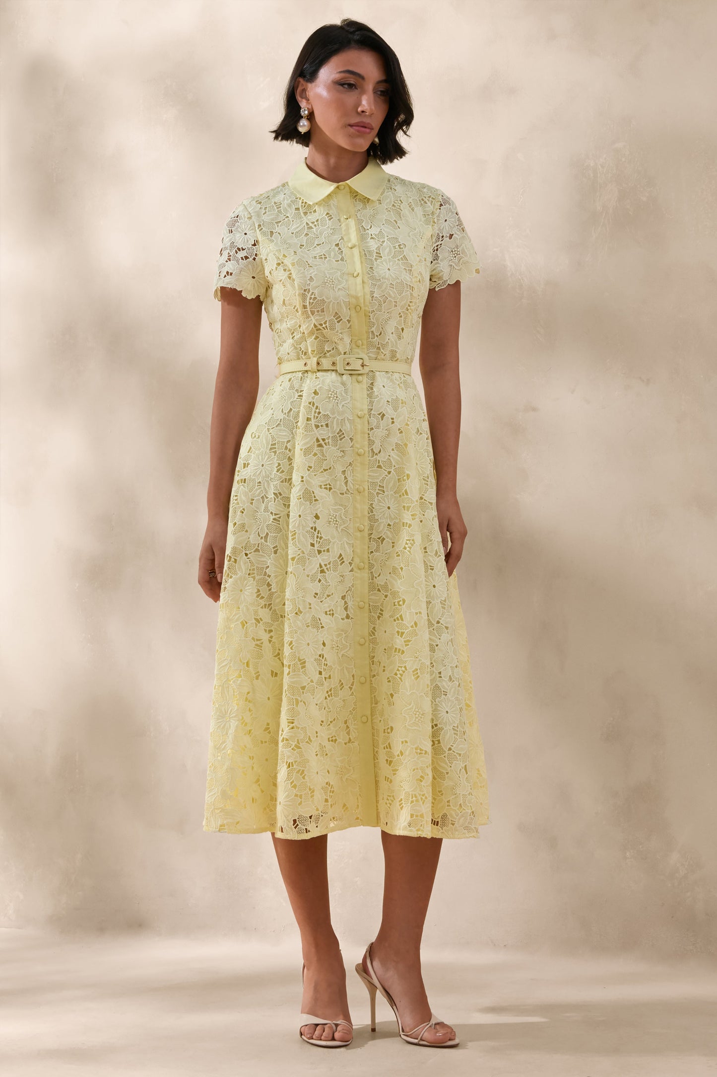 Zalie | Yellow Lace High-Neck Belted Midi Dress