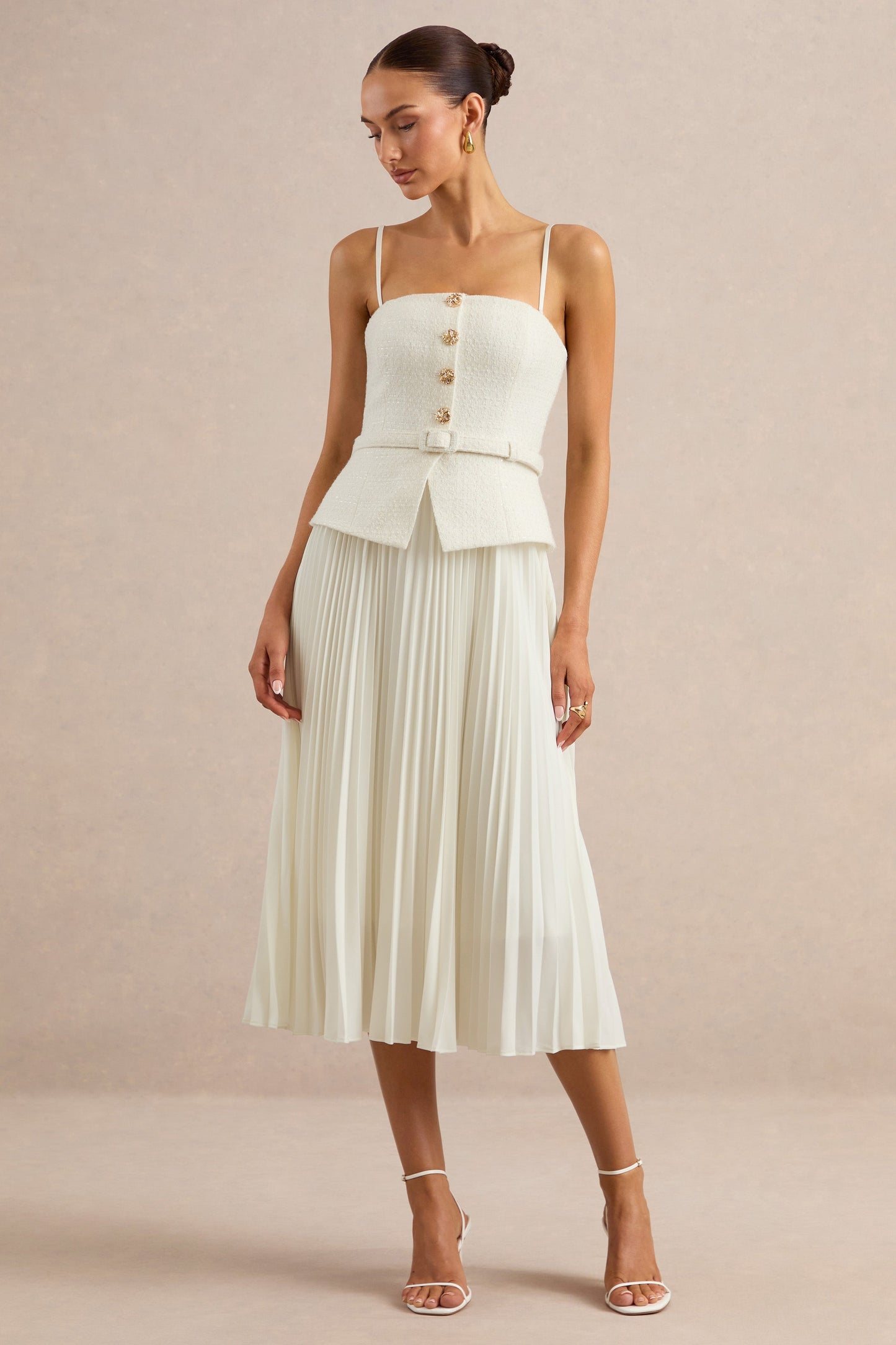 Lizzy | Cream Square-Neck Midi Dress With Pleated-Skirt