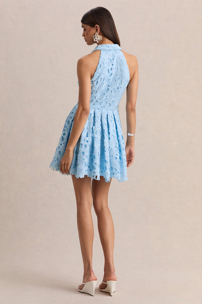 Milly | Powder Blue Lace Halter-Neck Mini Dress