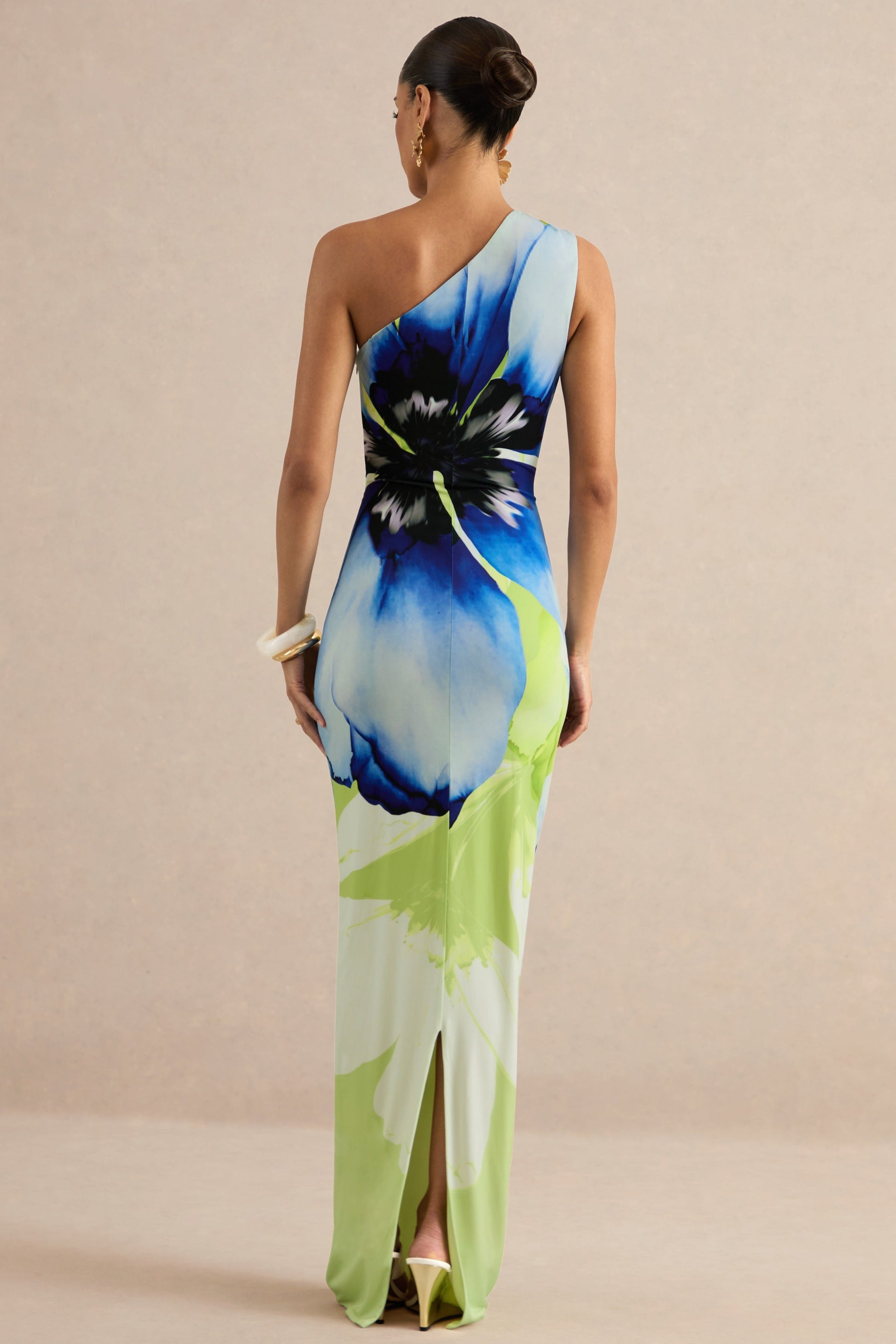 Niya | Lime And Blue Floral Placement Print Asymmetric-Neck Maxi Dress