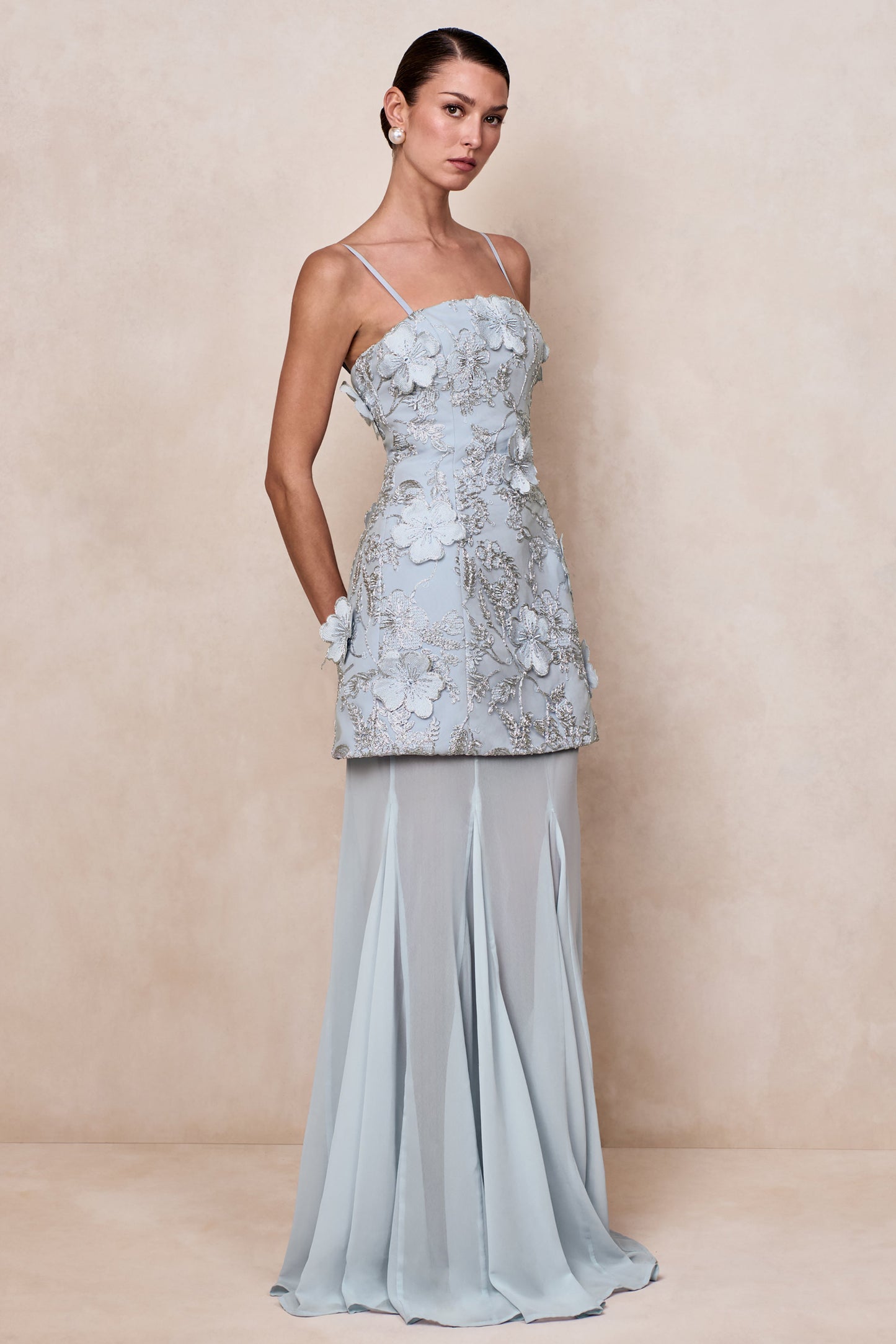 Nessa | Light Blue 3D Floral Square-Neck Maxi Dress With Sheer Skirt
