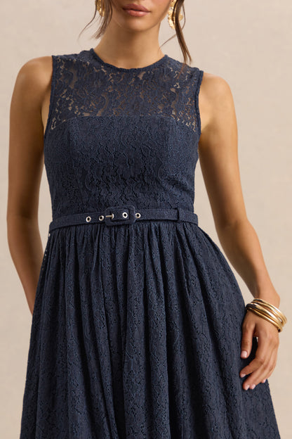 Anabella | Navy Lace Crew-Neck Belted Midi-Dress