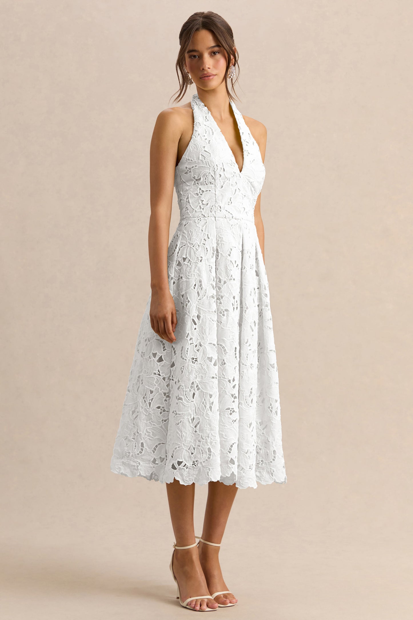 Maribel | White Lace Plunge-Neck Midi Dress