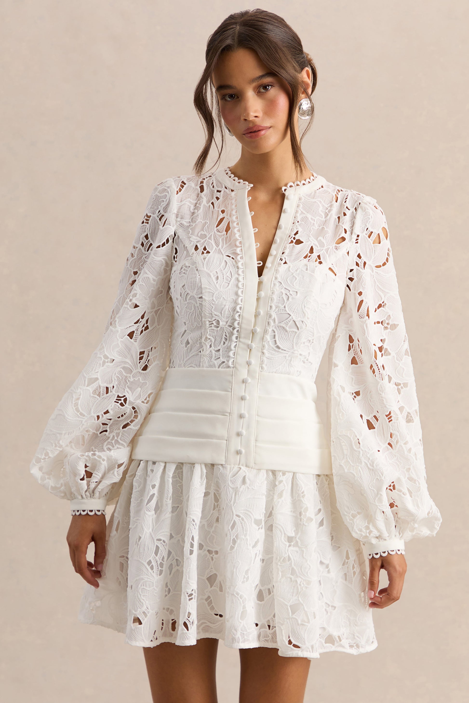 Helena | White V-Neck Mini Dress With Puff-Sleeves and Pleated Skirt