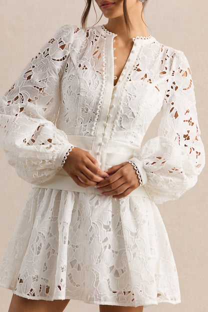 Helena | White V-Neck Mini Dress With Puff-Sleeves and Pleated Skirt