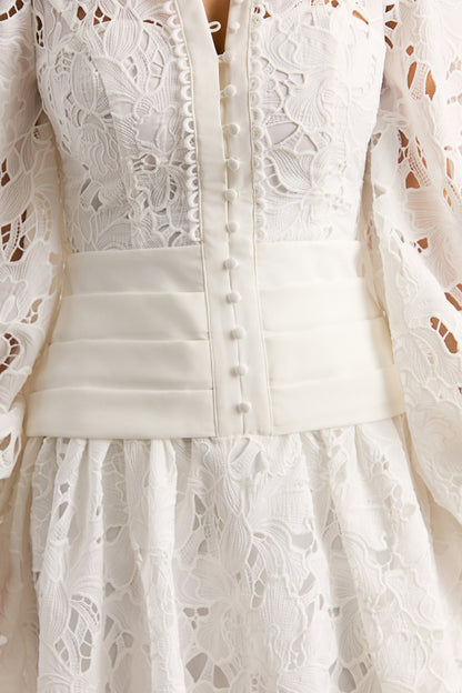 Helena | White V-Neck Mini Dress With Puff-Sleeves and Pleated Skirt