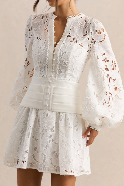 Helena | White V-Neck Mini Dress With Puff-Sleeves and Pleated Skirt