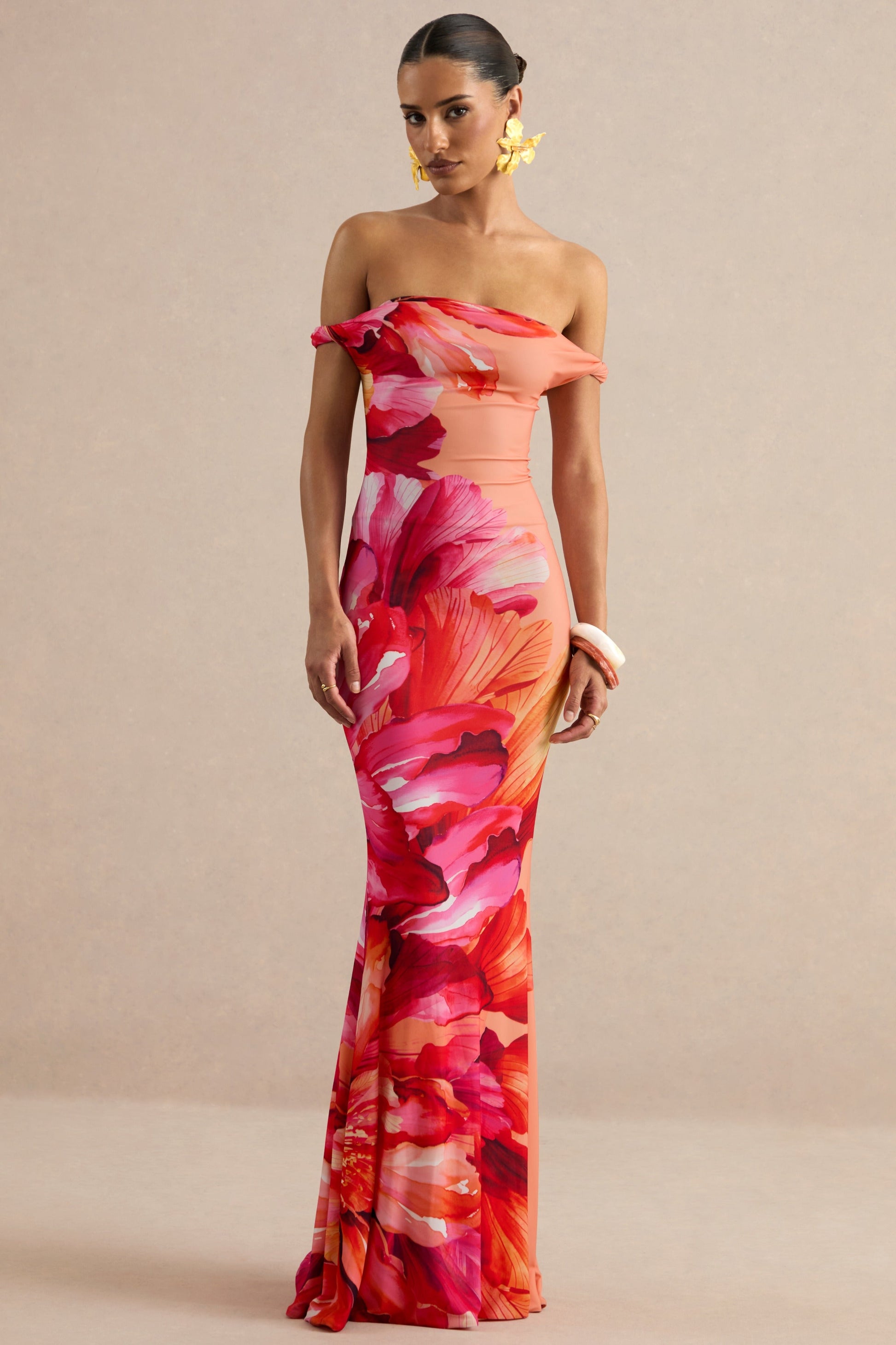 Katia | Hot Pink Placement Floral Print Asymmetric-Neck Maxi Dress
