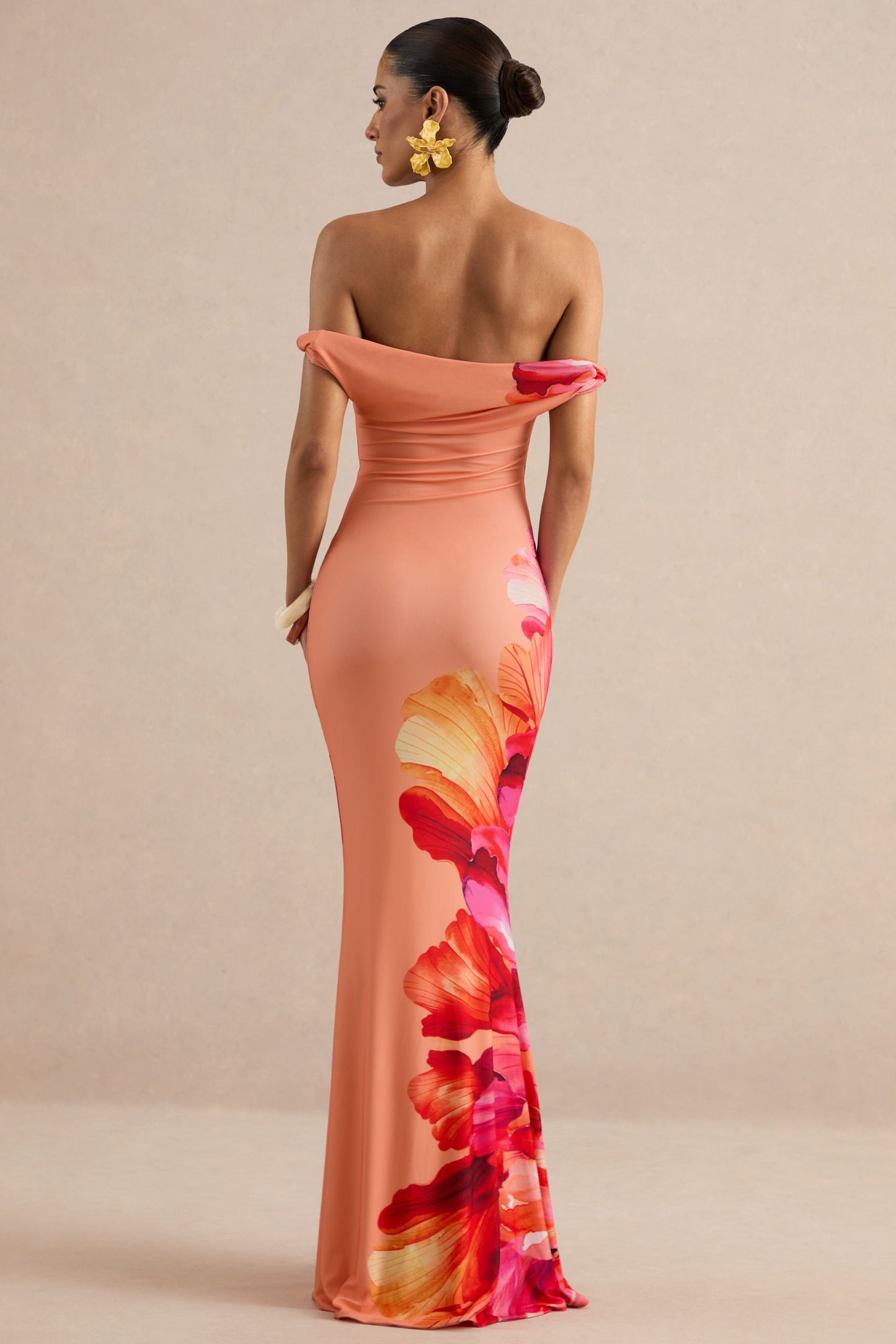 Katia | Hot Pink Placement Floral Print Asymmetric-Neck Maxi Dress