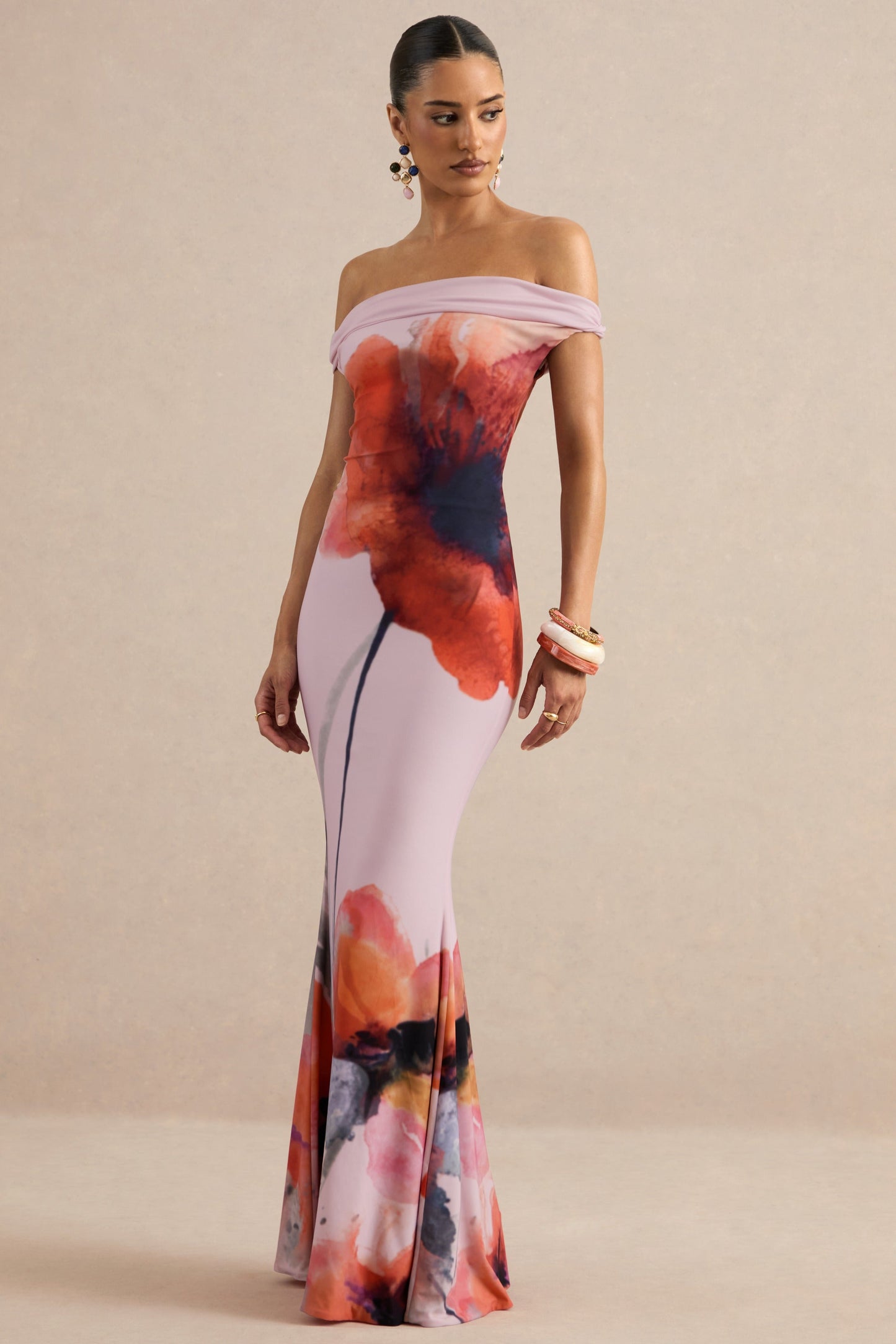 Katia | Pink Poppy Print Bardot-Neck Maxi Dress