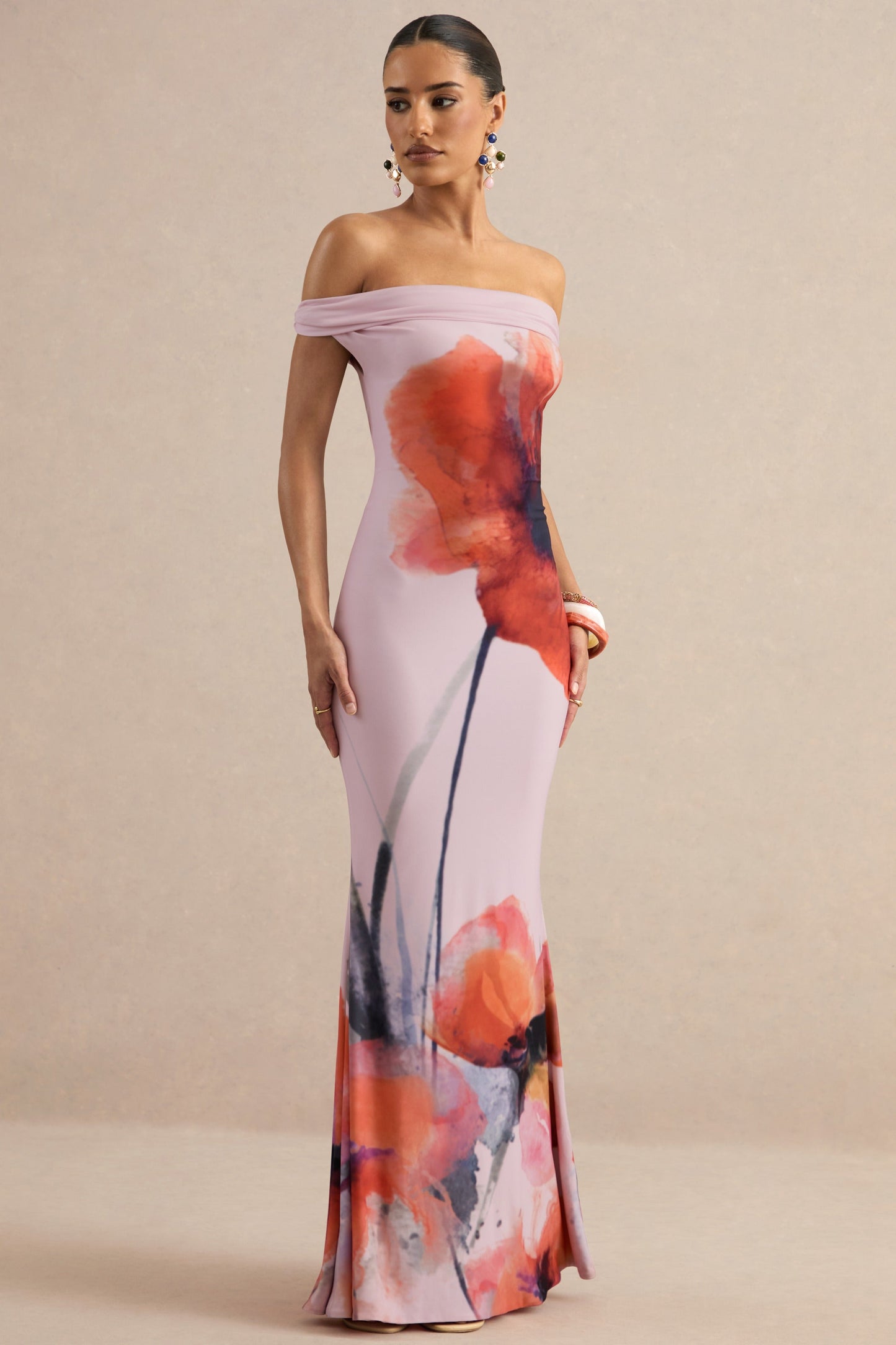 Katia | Pink Poppy Print Bardot-Neck Maxi Dress