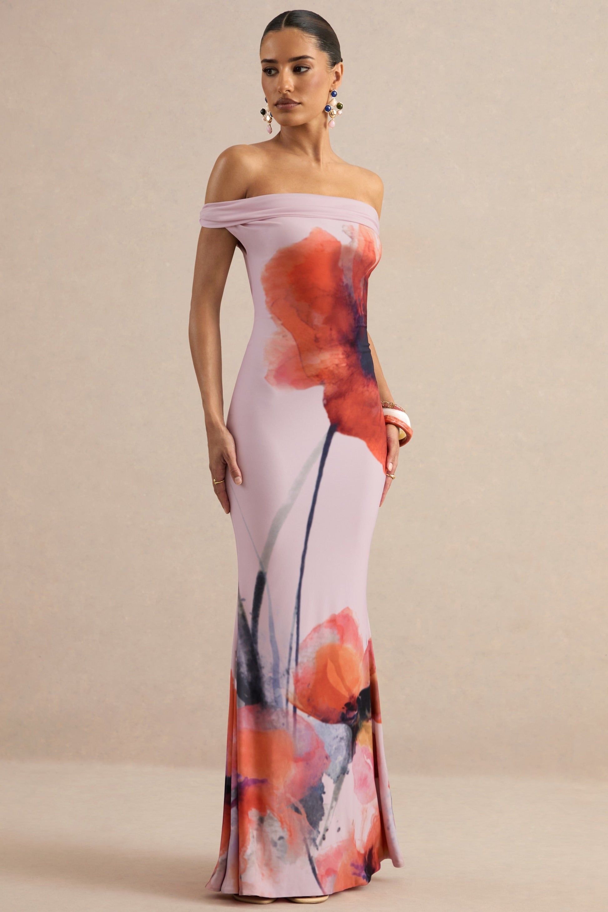 Katia | Pink Poppy Print Bardot-Neck Maxi Dress